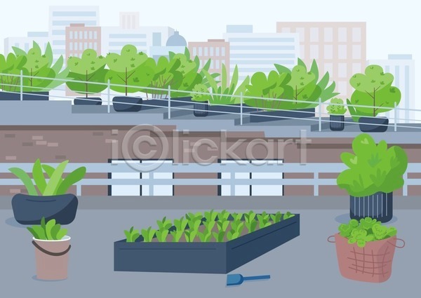 사람없음 EPS 일러스트 해외이미지 건물 도시 바구니 반려식물 삽 식물 옥상 원예 잎 채소 초록색 홈파밍 화분 회색