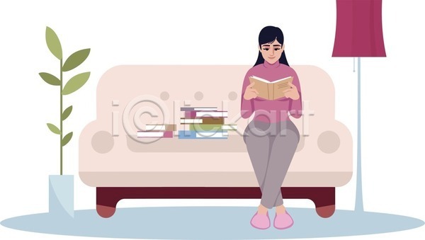 편안함 휴식 성인 성인여자한명만 여자 한명 EPS 일러스트 해외이미지 라이프스타일 분홍색 소파 스탠드조명 앉기 읽기 전신 책 화분