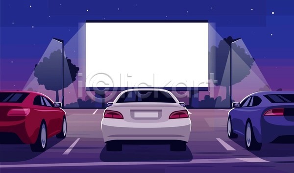 사람없음 EPS 일러스트 해외이미지 데이트 디자인 스크린 야외 영화 자동차 자동차극장 주차 주차장