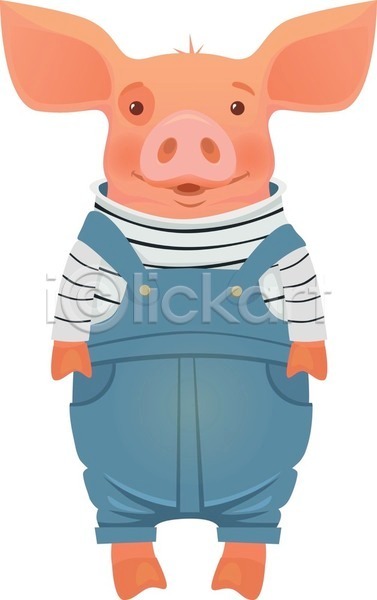 귀여움 사람없음 EPS 일러스트 해외이미지 돼지 돼지캐릭터 멜빵바지 미소(표정) 한마리