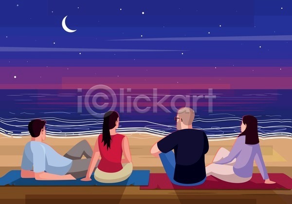 자유 휴식 남자 성인 성인만 여러명 여자 EPS 일러스트 해외이미지 구경 달 데이트 매트 바다 앉기 야간 커플 컨셉 해변