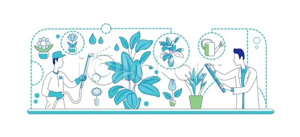 남자 두명 성인 성인남자만 EPS 일러스트 해외이미지 과학자 꽃 들기 물뿌리개 반려식물 분사기 상반신 식물 원예사 잎 점선 줄기 파란색 화분