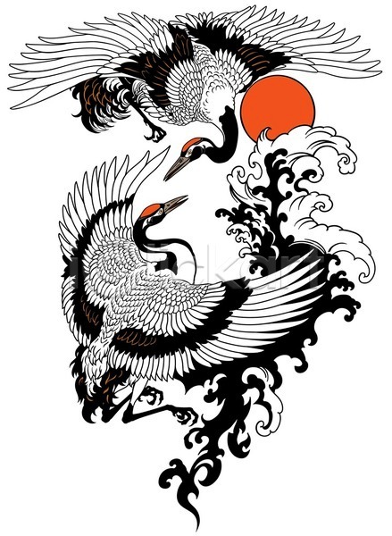 우아함 EPS 일러스트 해외이미지 고립 그래픽 기중기 동물 문신 문화 물 미술 심볼 아시아 일본 장식 조류 중국 커플 태양 파도
