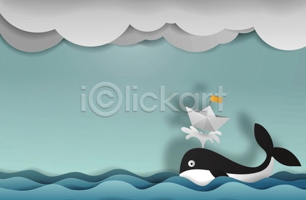 사람없음 EPS 일러스트 해외이미지 고래 구름(자연) 물뿜기 바다 종이배 페이퍼아트 한마리