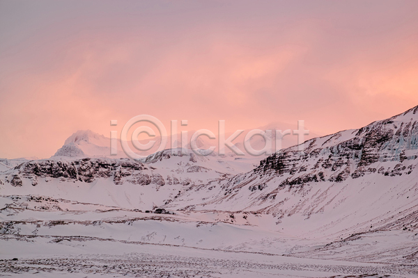 추위 사람없음 JPG 포토 해외이미지 가로 겨울 구름(자연) 내추럴 북쪽 분홍색 빙하 산 새벽 아이슬란드 야외 여행 일몰 자연 저녁 절정 파노라마 풍경(경치) 하늘 황혼