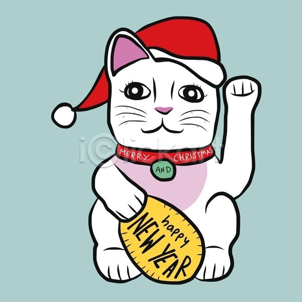귀여움 행운 사람없음 EPS 일러스트 해외이미지 고양이 마네키네코 메리크리스마스 산타모자 손그림 일본문화 크리스마스 한마리 해피뉴이어