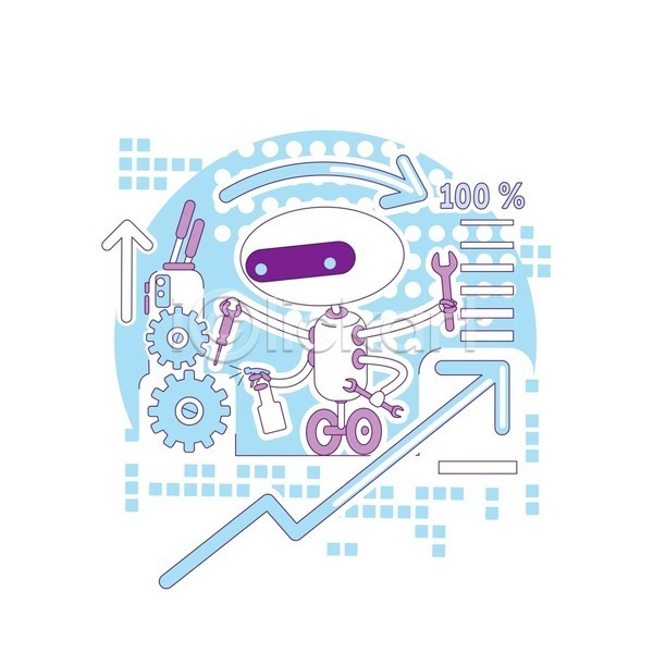 사람없음 EPS 일러스트 해외이미지 공구 들기 로봇 수리 청소 캐릭터 하늘색 화살표