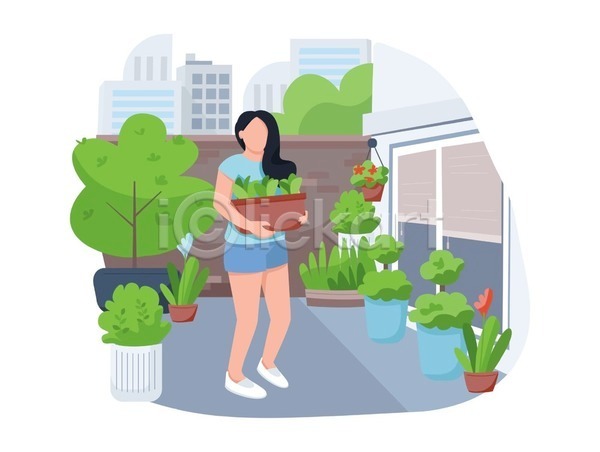 성인 성인여자한명만 여자 한명 EPS 일러스트 해외이미지 꽃 도시 들기 반려식물 서기 식물 잎 전신 줄기 홈파밍 화분