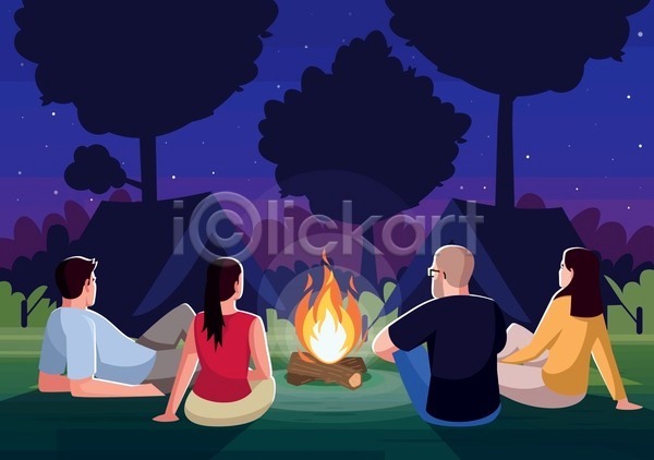 휴식 남자 성인 성인만 여러명 여자 EPS 일러스트 해외이미지 모닥불 앉기 여행 저녁 캠핑 캠핑장 커플 텐트