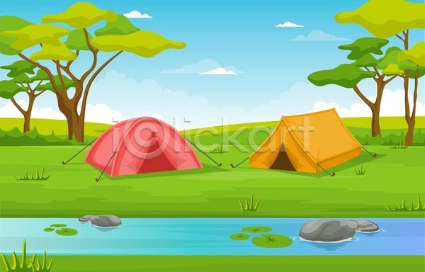 사람없음 EPS 일러스트 해외이미지 강 나무 숲 자연 캠핑 텐트