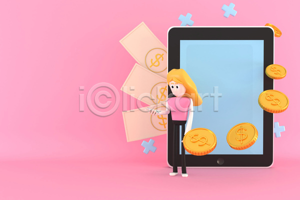 성인 성인여자한명만 여자 한명 3D JPG 포토 해외이미지 3D캐릭터 동전 들기 모바일뱅킹 분홍색 스마트뱅킹 스마트폰 십자모양 저축 전신 지폐 태블릿 플러스