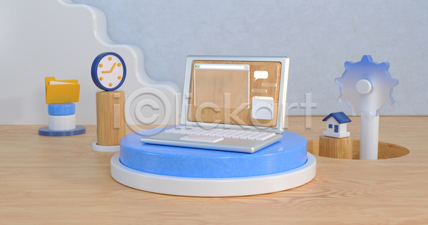 사람없음 3D JPG 포토 해외이미지 노트북 백그라운드 비즈니스 시계 오브젝트 인터넷 주택 집모양 톱니바퀴 폴더