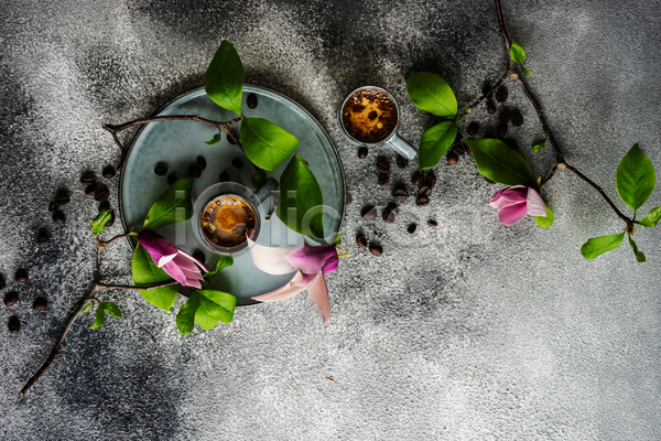 사람없음 JPG 포토 해외이미지 꽃 나뭇가지 머그컵 접시 커피 플랫레이 회색배경