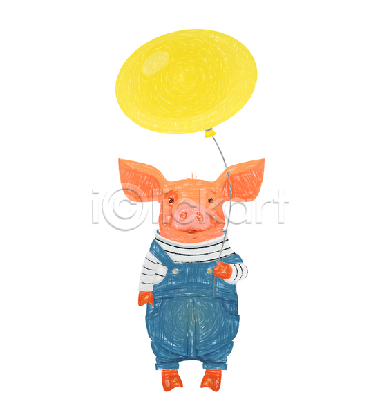 사람없음 JPG 일러스트 포토 해외이미지 그림 돼지 돼지캐릭터 들기 풍선 한마리