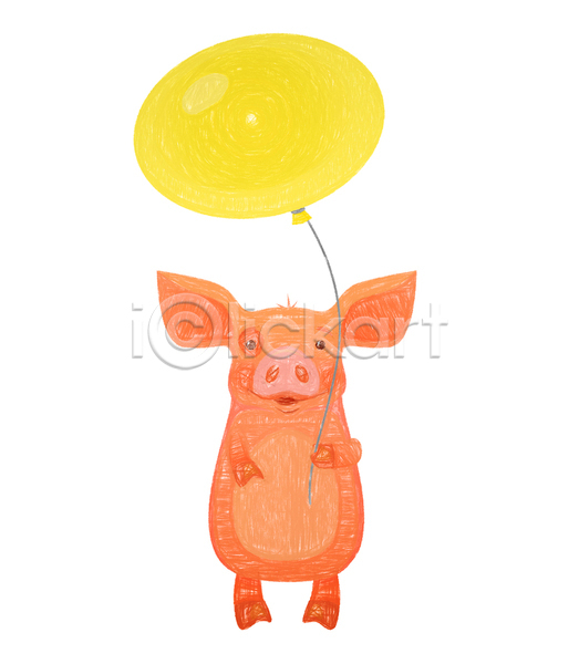 사람없음 JPG 일러스트 포토 해외이미지 돼지 들기 주황색 풍선 한마리