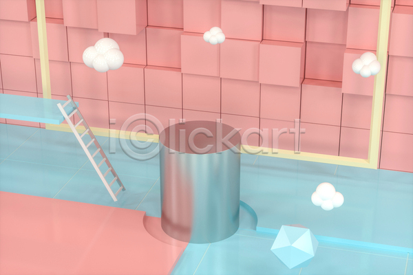 사람없음 3D JPG 포토 해외이미지 공간 구름(자연) 단상 백그라운드 분홍색 사다리 원기둥 원형 입체도형 정사각형 큐브 하늘색