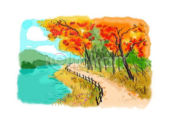 사람없음 PSD 일러스트 가을(계절) 가을풍경 단풍 단풍나무 번짐 붓터치 산책로 수채화(물감) 호수
