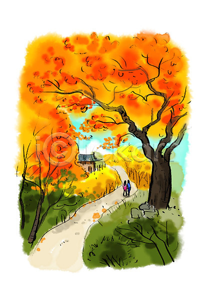 산책 남자 두명 사람 성인 여자 PSD 일러스트 가을(계절) 가을풍경 단풍 단풍나무 번짐 붓터치 사찰 산책로 수채화(물감) 전신 커플