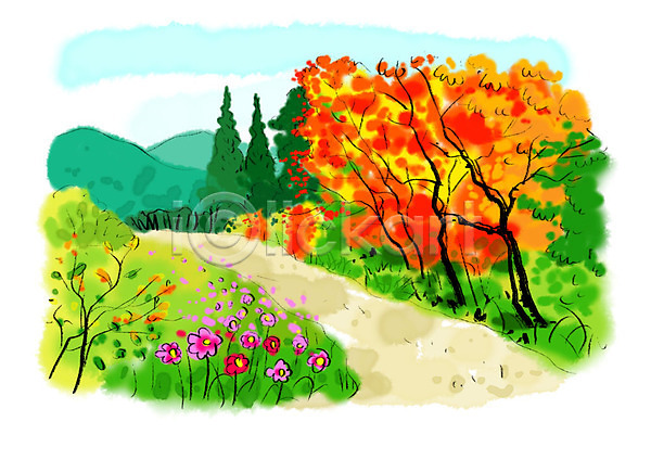 사람없음 PSD 일러스트 가을(계절) 가을풍경 단풍 단풍나무 번짐 붓터치 수채화(물감) 코스모스(꽃)