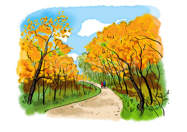 산책 남자 두명 사람 성인 여자 PSD 일러스트 가을풍경 단풍 단풍나무 번짐 붓터치 수채화(물감) 숲길 전신