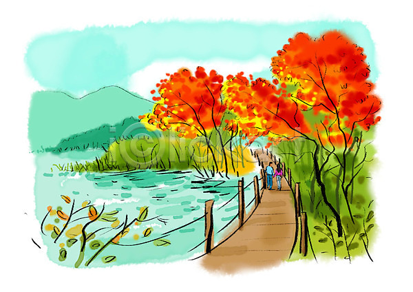 산책 남자 두명 사람 성인 여자 PSD 일러스트 가을(계절) 가을풍경 나무다리 단풍 단풍나무 번짐 붓터치 수채화(물감) 커플 호수