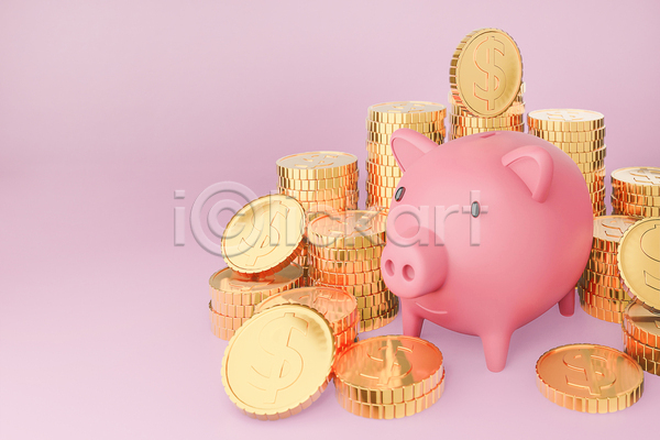 사람없음 3D JPG 포토 해외이미지 경제 금융 금화 동전 동전탑 돼지저금통 분홍색배경 실내