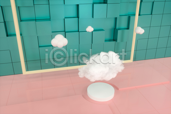 사람없음 3D JPG 포토 해외이미지 공간 구름(자연) 단상 백그라운드 분홍색 원형 정사각형 청록색 큐브