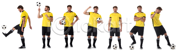남자 사람 성인 한명 JPG 포토 해외이미지 가득함 검은색 게임 경기 고립 공 길이 노란색 놀이 디자인 백그라운드 세트 셔츠 수집 스포츠 승자 엘리먼트 운동가 유니폼 직업 축구 축구선수 포즈 플레이어 해외포토 흰색