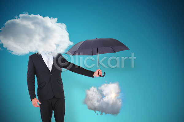 남자 성인 성인남자한명만 한명 JPG 앞모습 포토 해외이미지 구름(자연) 들기 비즈니스맨 상반신 우산 정장 파란배경
