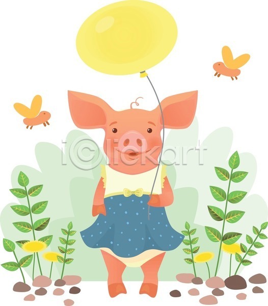 귀여움 사람없음 EPS 일러스트 해외이미지 곤충 돌 돼지 돼지캐릭터 들기 미소(표정) 민들레 원피스 잎 풍선 한마리