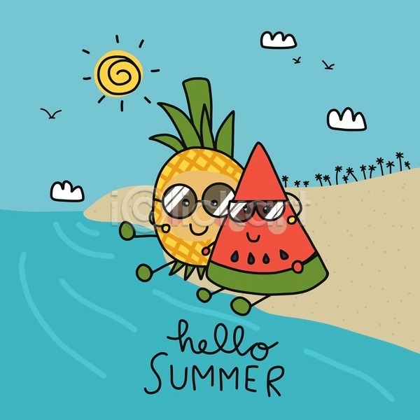 행복 사람없음 EPS 일러스트 해외이미지 노란색 미소(표정) 바다 선글라스 수박 앉기 어깨동무 여름(계절) 캐릭터 태양 파인애플