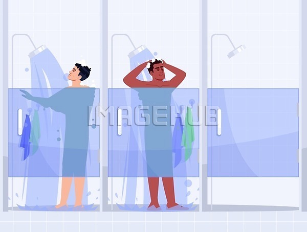 남자 두명 성인 성인남자만 EPS 일러스트 해외이미지 디자인 목욕 샤워부스 샤워실 서기 수건 전신