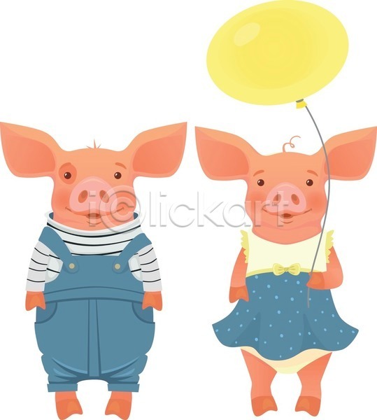 귀여움 사람없음 EPS 일러스트 해외이미지 돼지 돼지캐릭터 들기 멜빵바지 미소(표정) 원피스 커플 풍선 한마리