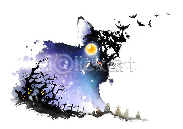 무서움 사람없음 PSD 일러스트 고양이 공동묘지 나무귀신 박쥐 번짐 보름달 붓터치 캐릭터 캘리그라피 한마리 할로윈