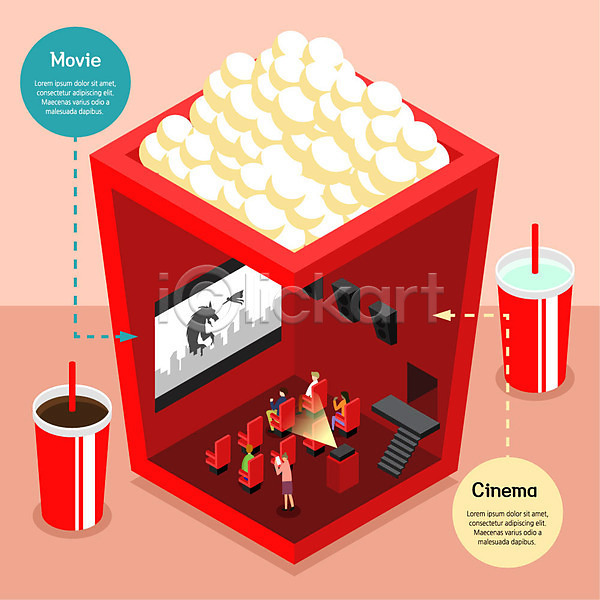 남자 사람 성인 여러명 여자 AI(파일형식) 일러스트 관람석 스크린 아이소메트릭 앉기 영화 영화관 영화관람 전신 콜라 팝콘