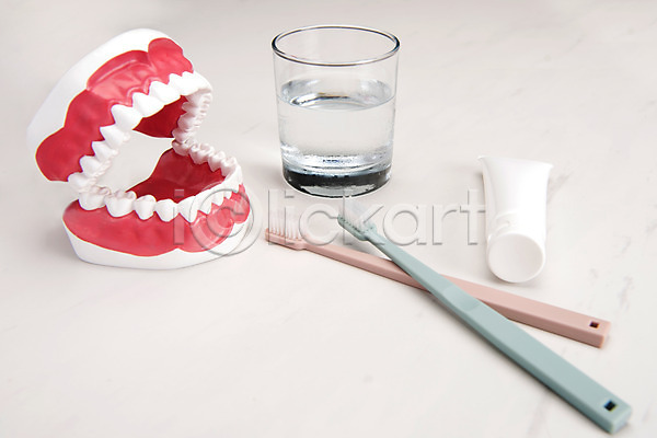 사람없음 JPG 포토 두개 물컵 스튜디오촬영 실내 오브젝트 치아모형 치약 칫솔 흰배경