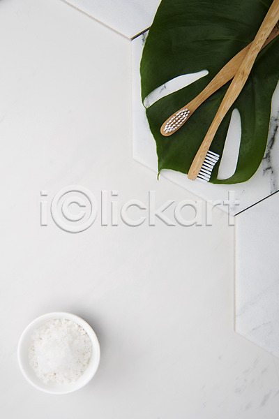 사람없음 JPG 포토 하이앵글 굵은소금 그릇 두개 스튜디오촬영 실내 열대잎 오브젝트 칫솔 타일 플랫레이 흰배경