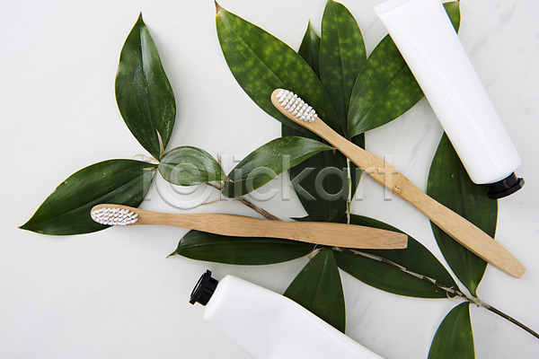 사람없음 JPG 포토 하이앵글 나뭇잎 두개 스튜디오촬영 실내 오브젝트 치약 칫솔 플랫레이 흰배경