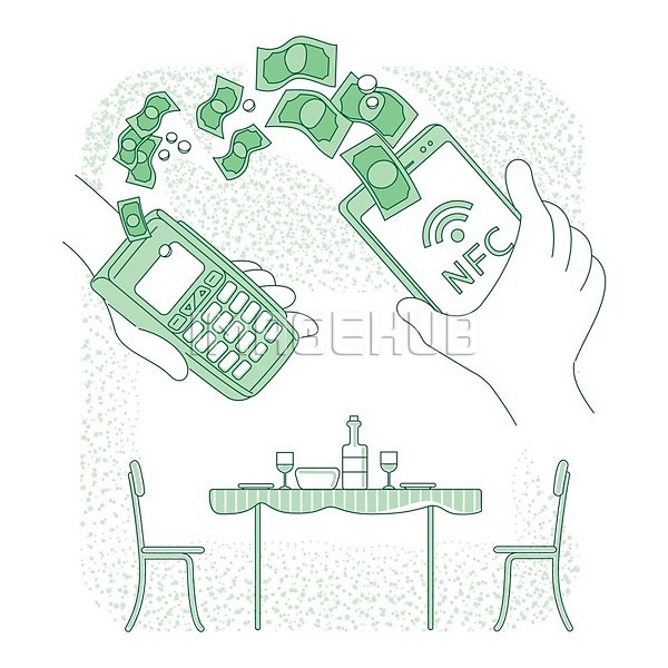 스마트 편리함 신체부위 EPS 일러스트 해외이미지 결제 단말기 들기 라인아트 무선통신 손 스마트폰 식당 식탁 와이파이 와인 의자 정보기술 지폐 초록색