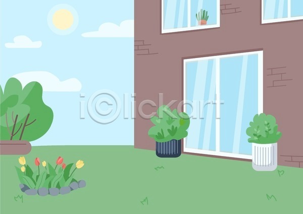 사람없음 EPS 일러스트 해외이미지 건물 구름(자연) 꽃 반려식물 식물 원예 잎 줄기 창문 태양 튤립 화단 화분