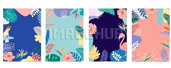 사람없음 EPS 일러스트 해외이미지 디자인 배너 백그라운드 분홍색 앵무새 여름배경 열대꽃 열대잎 파란색 포스터 프레임 플라밍고 히비스커스