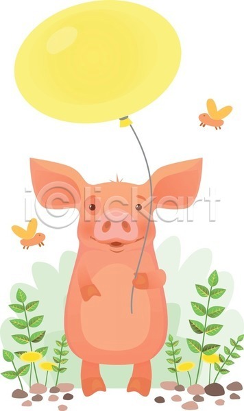 귀여움 사람없음 EPS 일러스트 해외이미지 곤충 돌 돼지 돼지캐릭터 들기 미소(표정) 민들레 잎 풍선 한마리