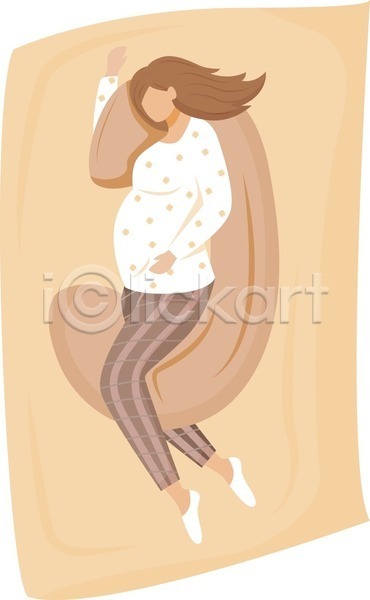 성인 성인여자한명만 여자 한명 EPS 일러스트 해외이미지 눕기 라이프스타일 베개 얼굴없음 엄마 임산부 임신 잠 전신 침대
