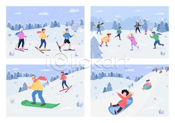남자 사람 성인 어린이 여러명 여자 EPS 일러스트 해외이미지 12월 가족 겨울 눈싸움 디자인 산 세트 스노우보드 스케이트 스키 썰매 언덕 전신 풍경(경치) 휴가