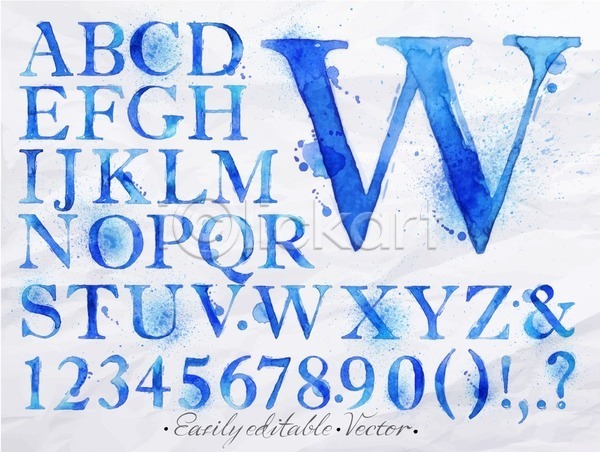 사람없음 EPS 일러스트 해외이미지 기호 대문자 디자인 번짐 붓터치 세트 수채화(물감) 숫자 알파벳 영어 조합형타이포 타이포그라피 파란색 플랫