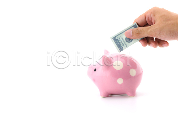 절약 신체부위 JPG 포토 해외이미지 넣기 달러 돈 돼지저금통 들기 손 저축 지폐 흰배경