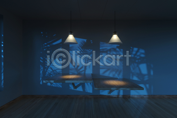 사람없음 3D JPG 포토 해외이미지 공간 그림자 나무탁자 내부 빛 어둠 인테리어 잎 조명 파란색