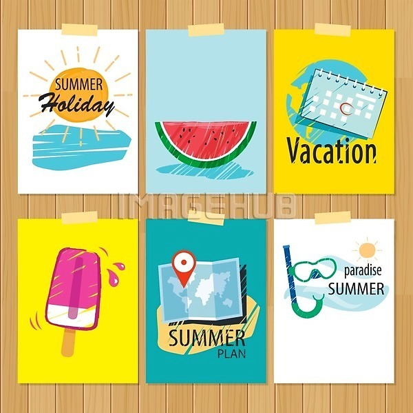 사람없음 EPS 일러스트 해외이미지 달력 세트 수박 아이스크림 여름(계절) 영어 잠수경 지도 태양 테이프 포스터