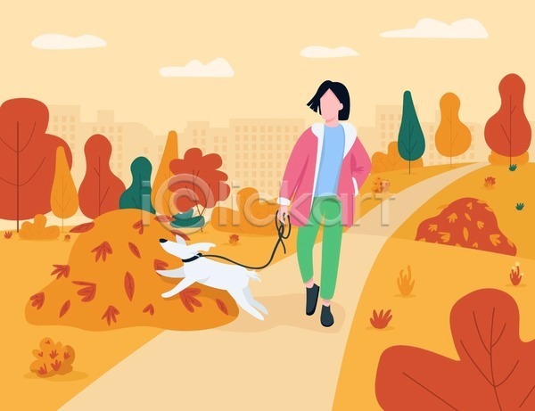 산책 성인 성인여자한명만 여자 한명 EPS 일러스트 해외이미지 가을(계절) 강아지 걷기 낙엽 단풍나무 들기 목줄 무더기 산책로 전신 주머니손 주황색 풀(식물) 한마리