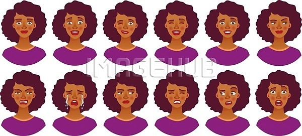 사람 여자 EPS 일러스트 해외이미지 감정 검은색 머리 세트 아바타 얼굴 플랫 해외일러스트